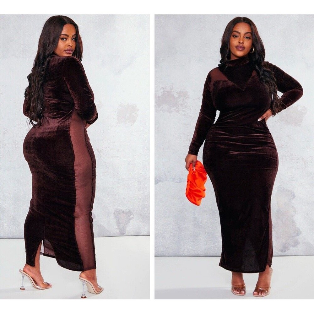 Pretty Little Thing Chocolate Velvet Maxi Dress Side Mesh Panel US size 18 NWT